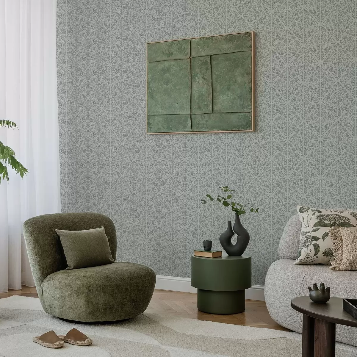 Tapeet Helehall botaaniline damask pehme kontuuriga a00815v2