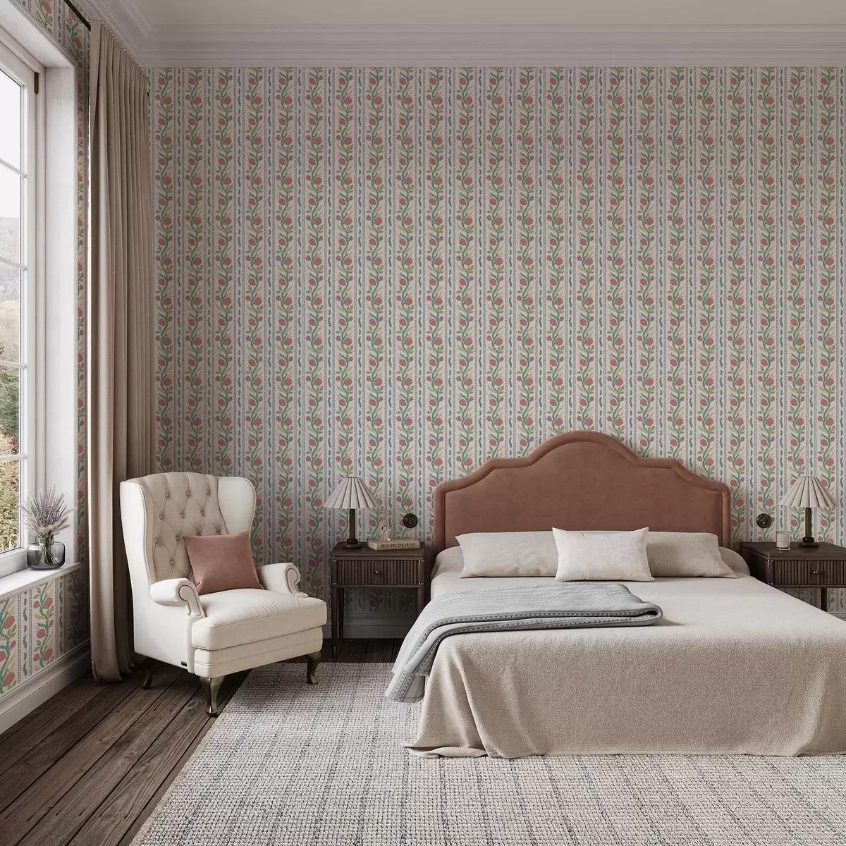 Tapeet Vertikaalsed triibud korallikarva õite ja türkiissiniste lehtedega a00816