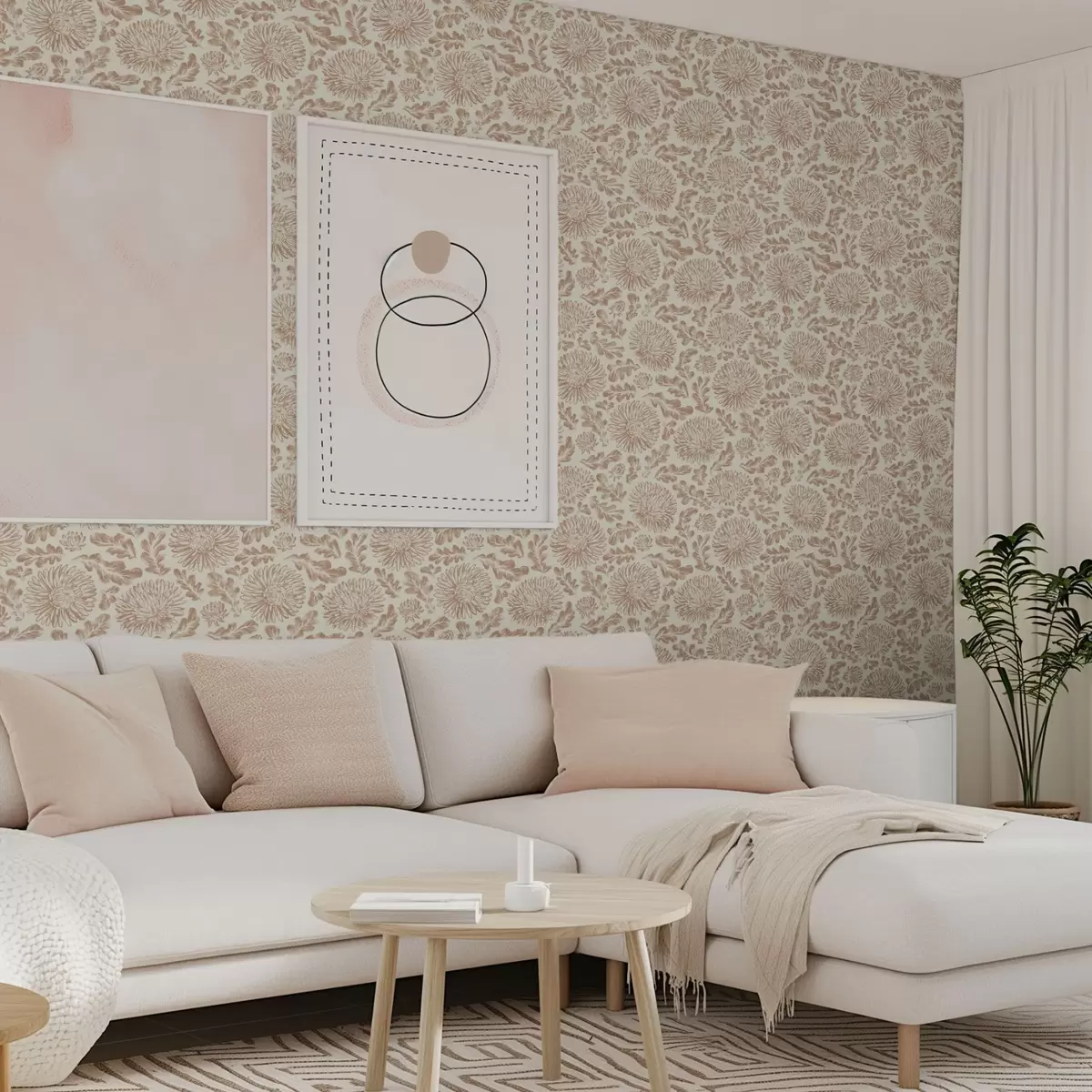 Tapeet Krüüsanteemid ja tamme lehed pehmes beež-pruunis toonis a00840