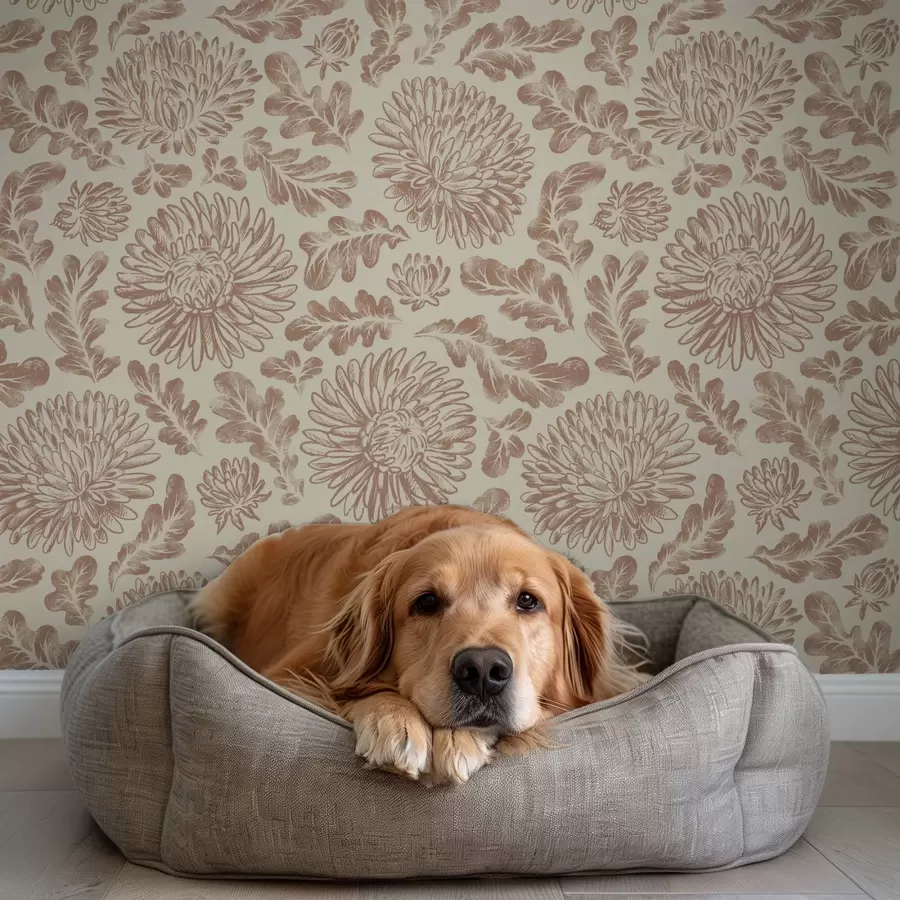 Fototapeedid Krüüsanteemid ja tamme lehed pehmes beež-pruunis toonis a00840