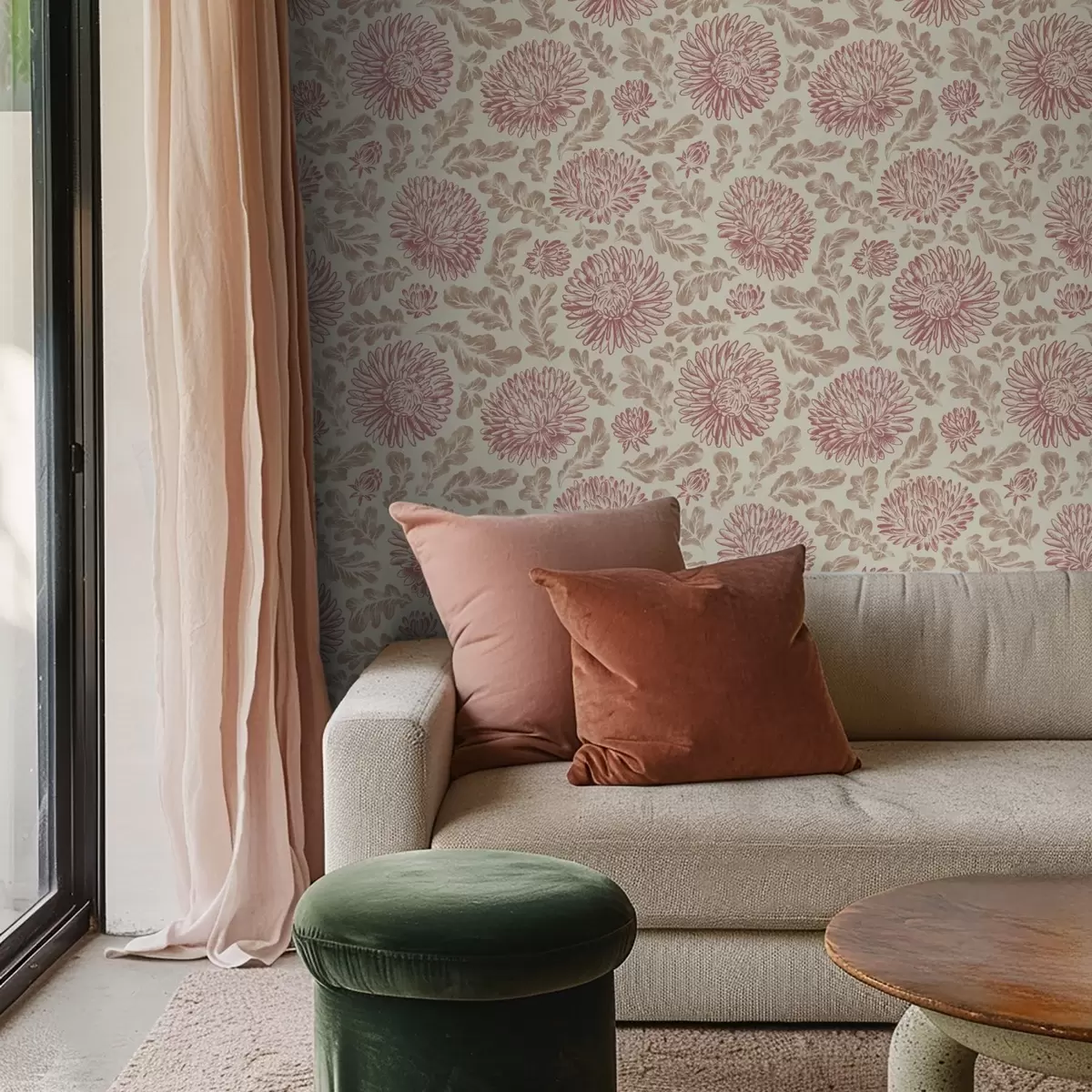 Tapeet Kreemikarva krüsanteemid veini aktsentidega a00840v1