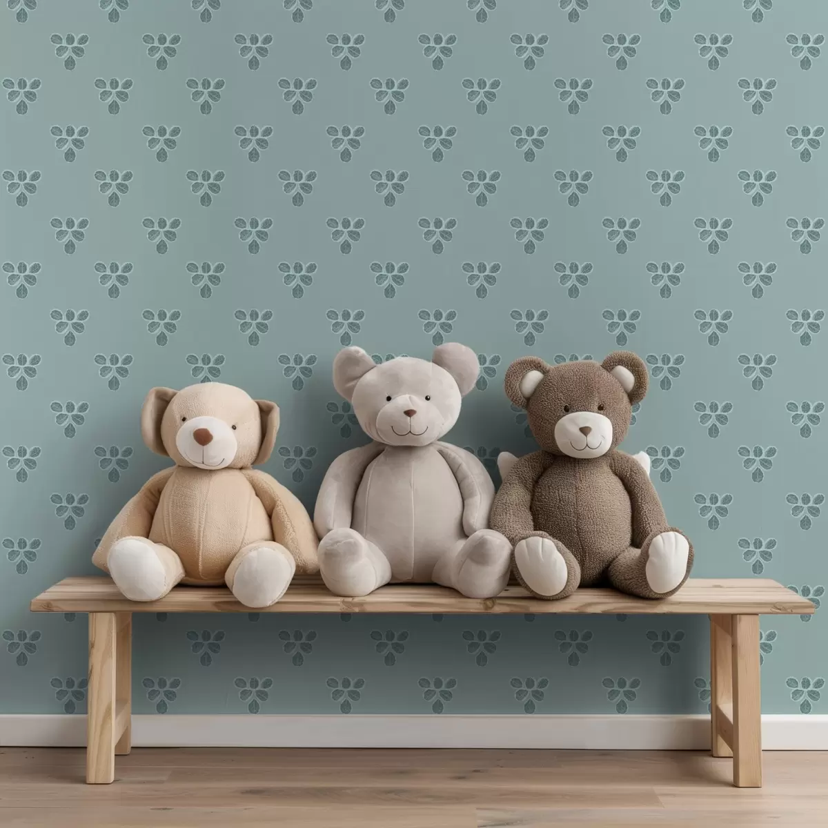 Tapeet Väike kordus: lehtede kolmikud jahedal sinisel taustal a00848v1