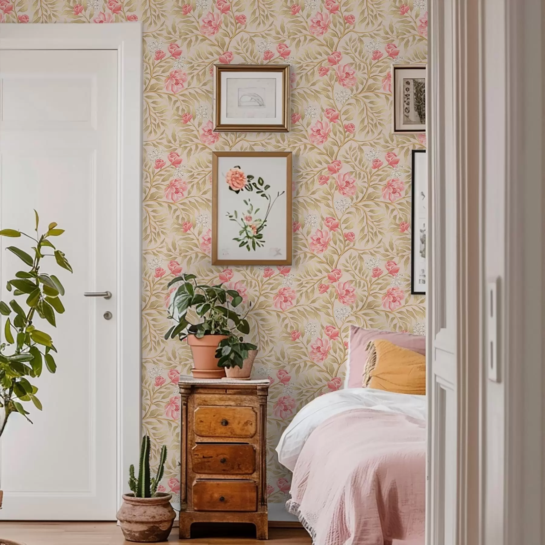 Fototapeedid Roosad õied, valged õied ja okkertoonilised lehed a00855