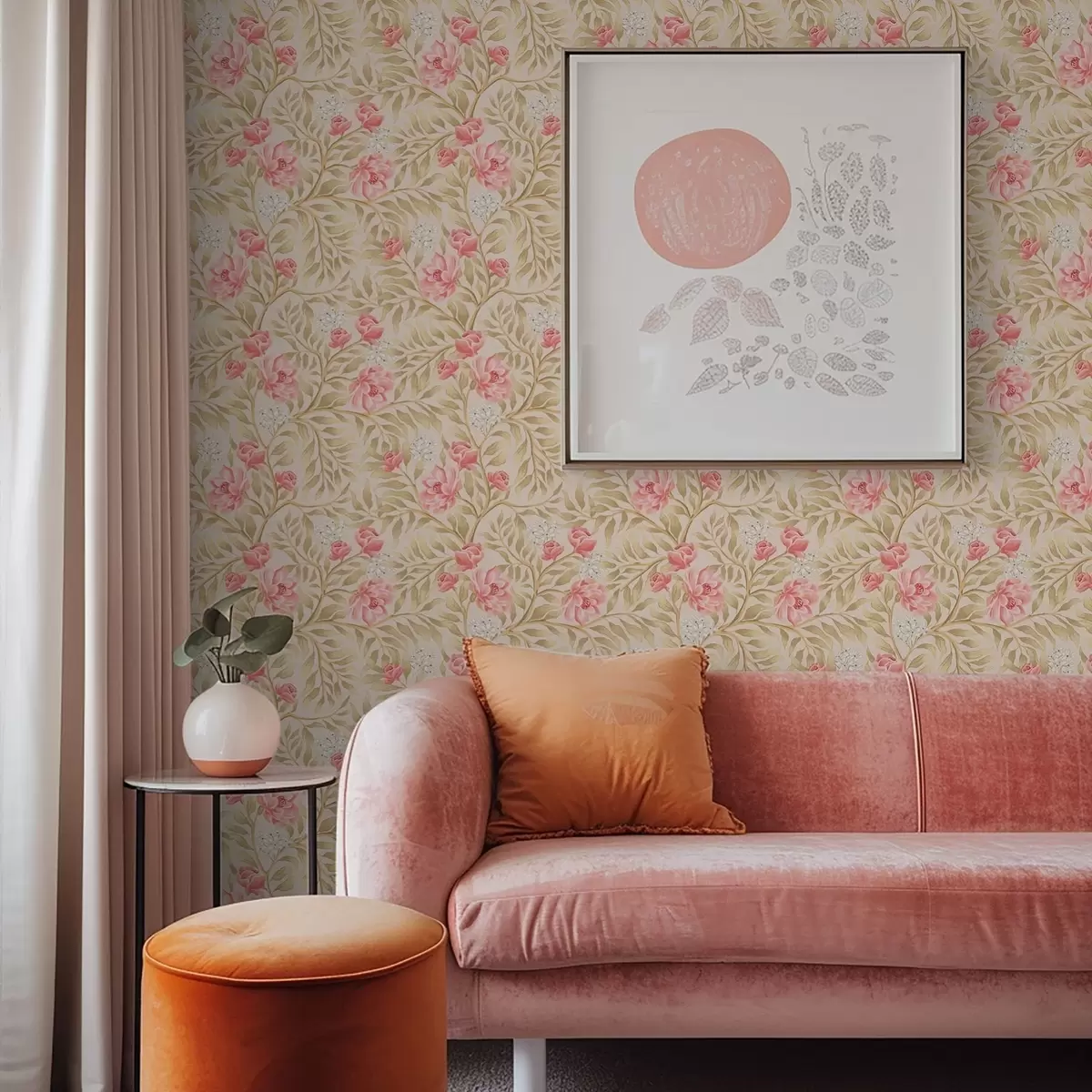 Tapeet Roosad õied, valged õied ja okkertoonilised lehed a00855