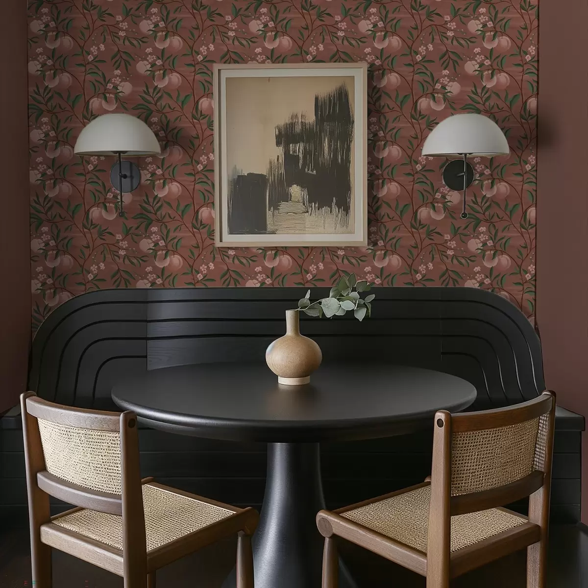 Tapeet Virsikud roosade õitega okstel, terrakota taust a00856