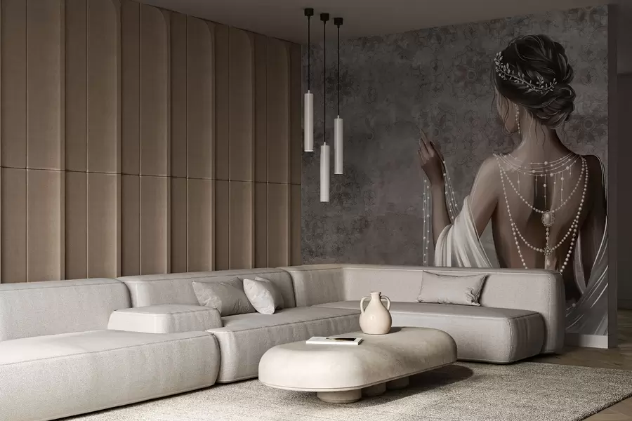 Fototapeedid Naine tagantvaates pärlitega, hall kivimustriline taust w04854