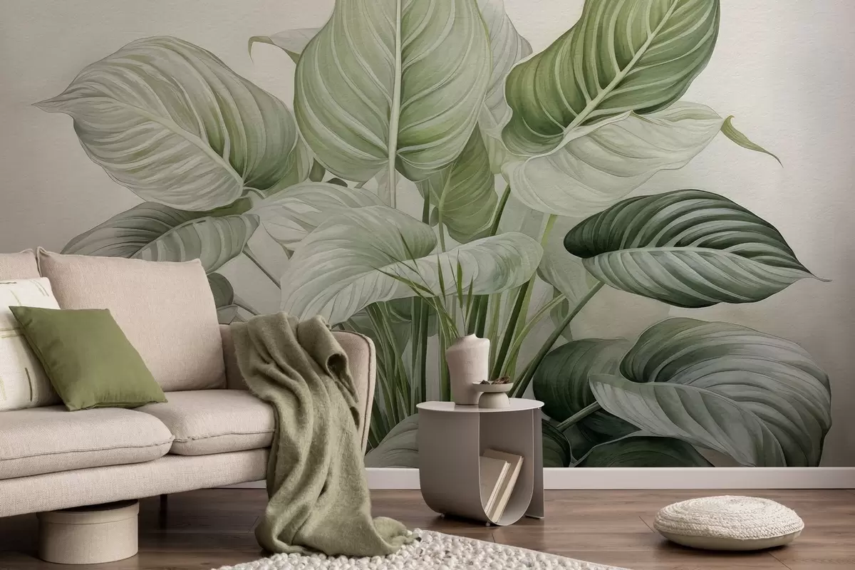 Fototapeedid Seinal kasvav lopsakas roheline lehtpõõsas w04835