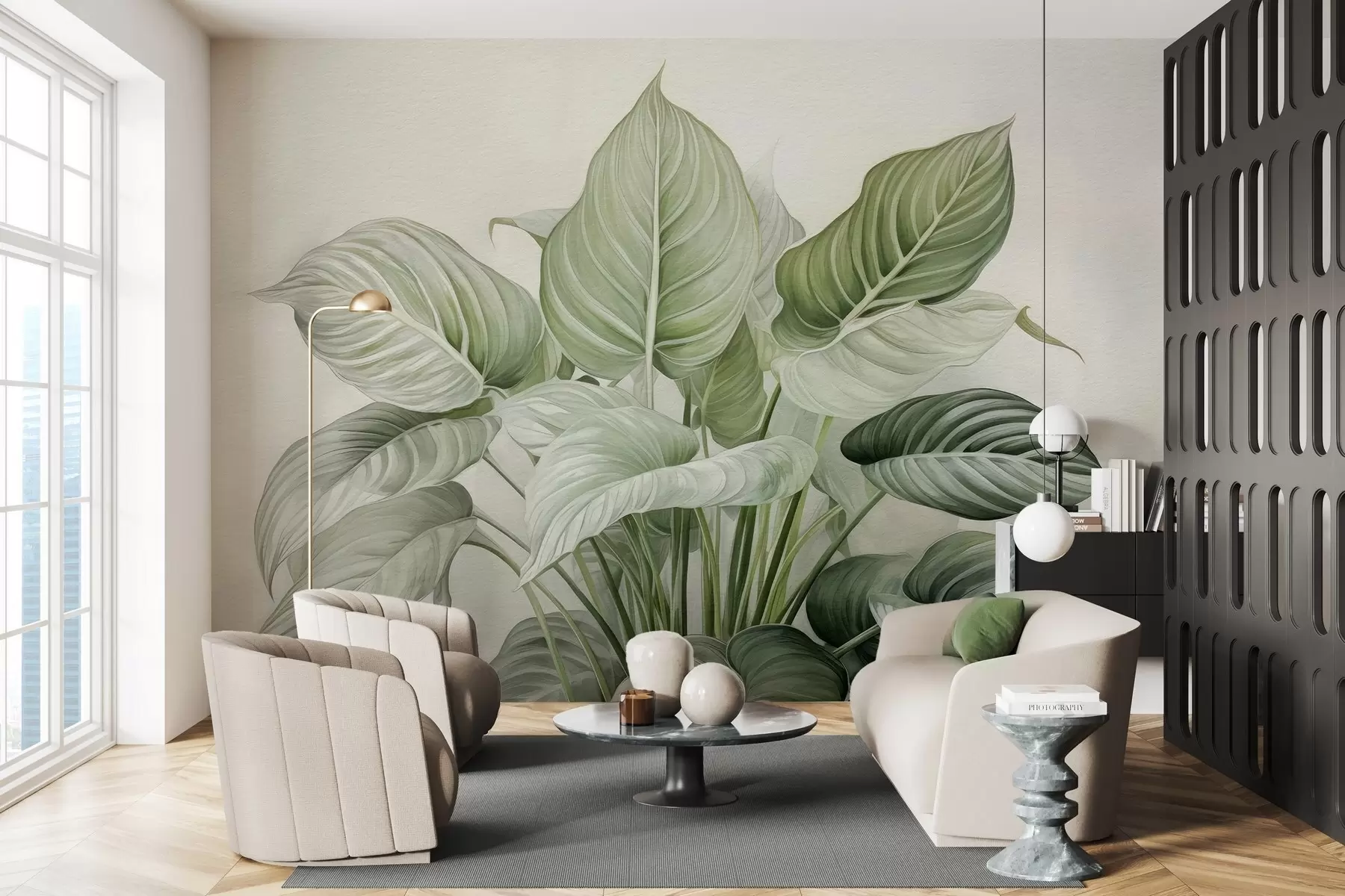 Fototapeedid Seinal kasvav lopsakas roheline lehtpõõsas w04835