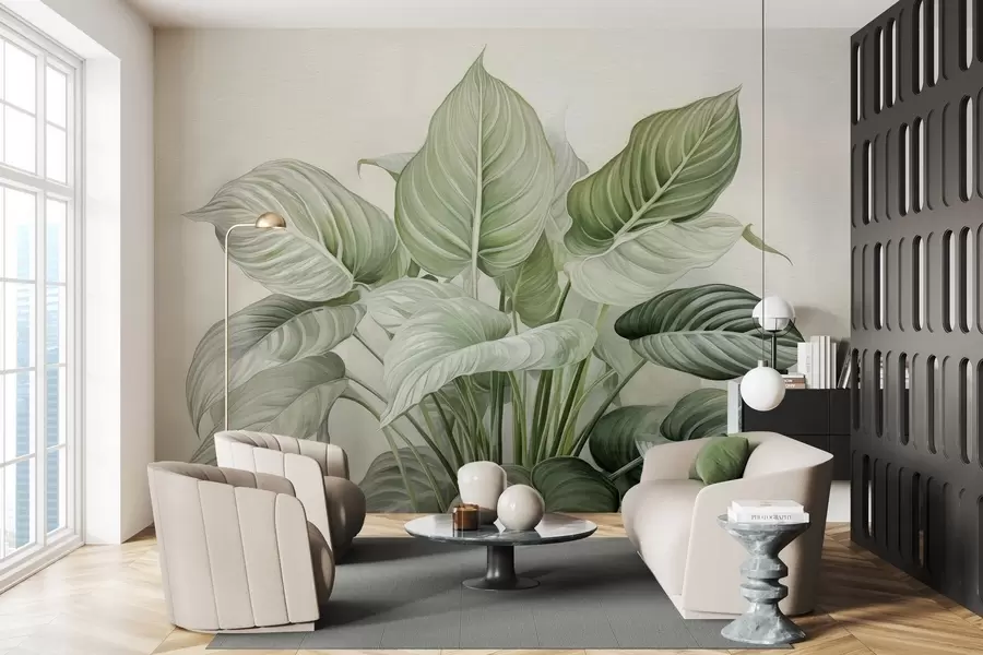 Fototapeedid Seinal kasvav lopsakas roheline lehtpõõsas w04835