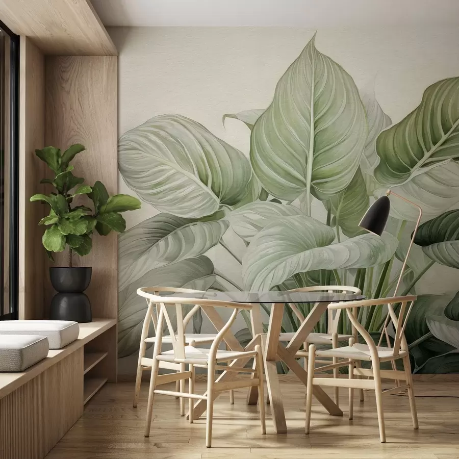 Fototapeedid Seinal kasvav lopsakas roheline lehtpõõsas w04835