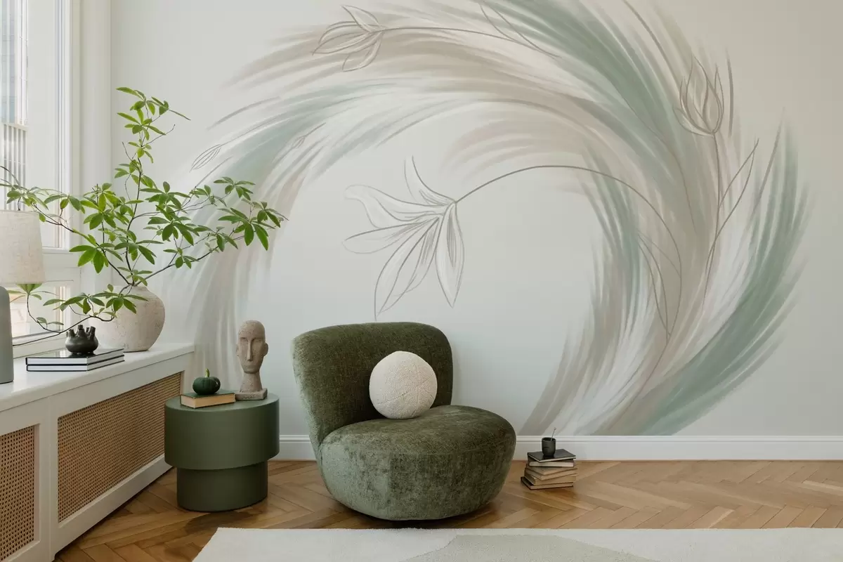 Fototapeedid rohelised ja beežid suled ja lilled, käsitsi maalitud w04816