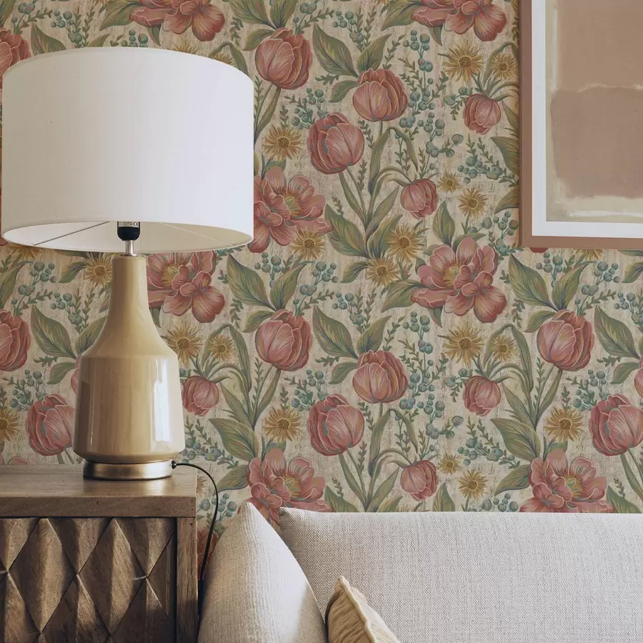 Fototapeedid Vintage tulbid ja astrid, tekstuuriga kreemikas taust a00773