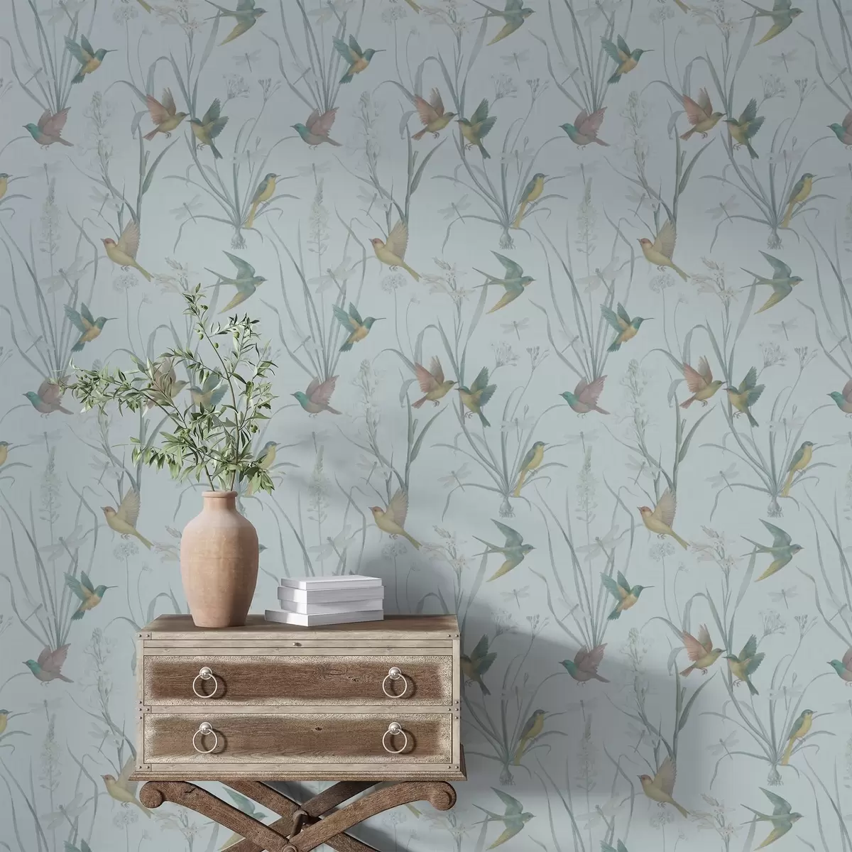 Tapeet Linnud hallikassinisel taustal rohumaa rohtudes a00776