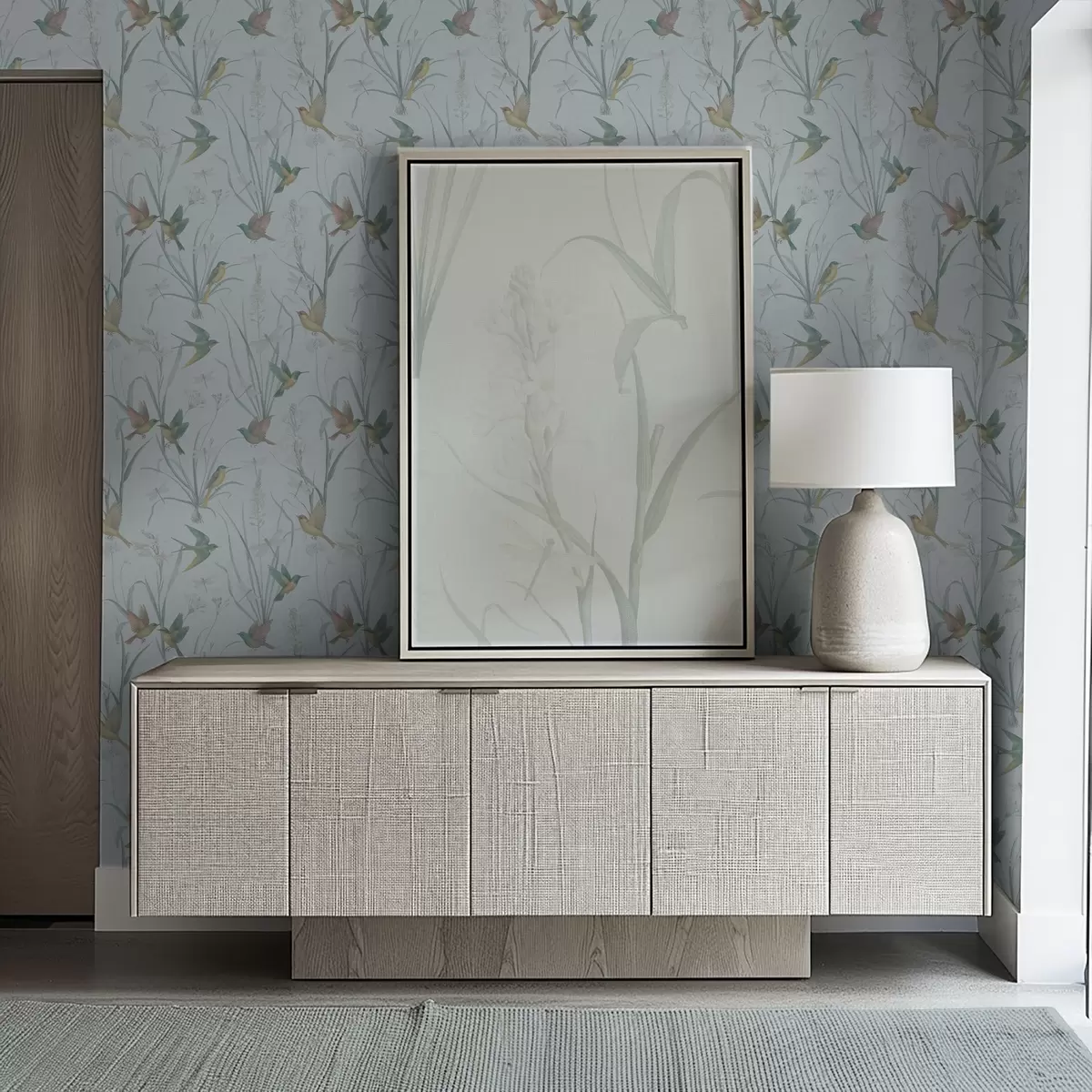 Tapeet Linnud hallikassinisel taustal rohumaa rohtudes a00776