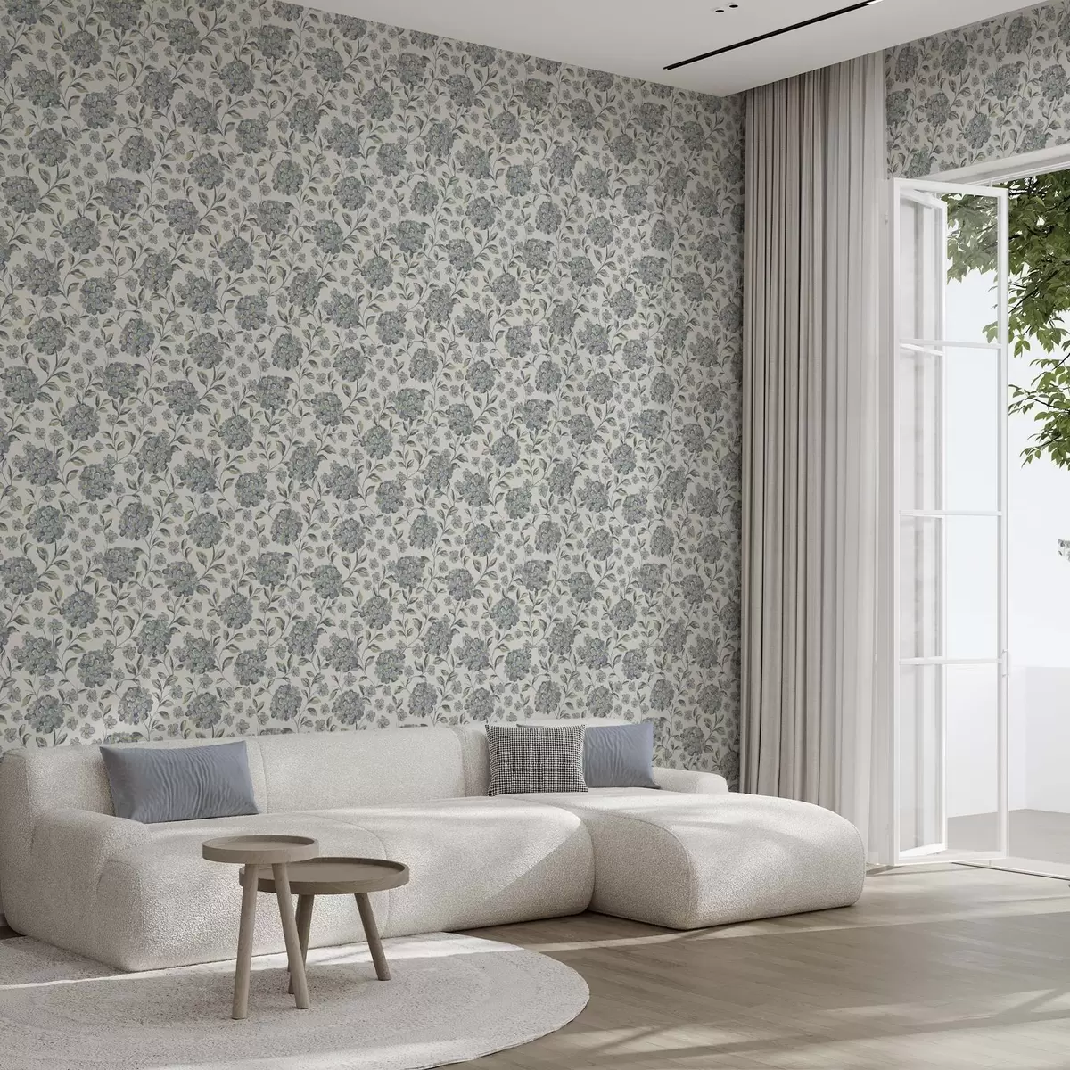 Tapeet Harjased õied ja lehed hallikassinises värvipalettis a00778