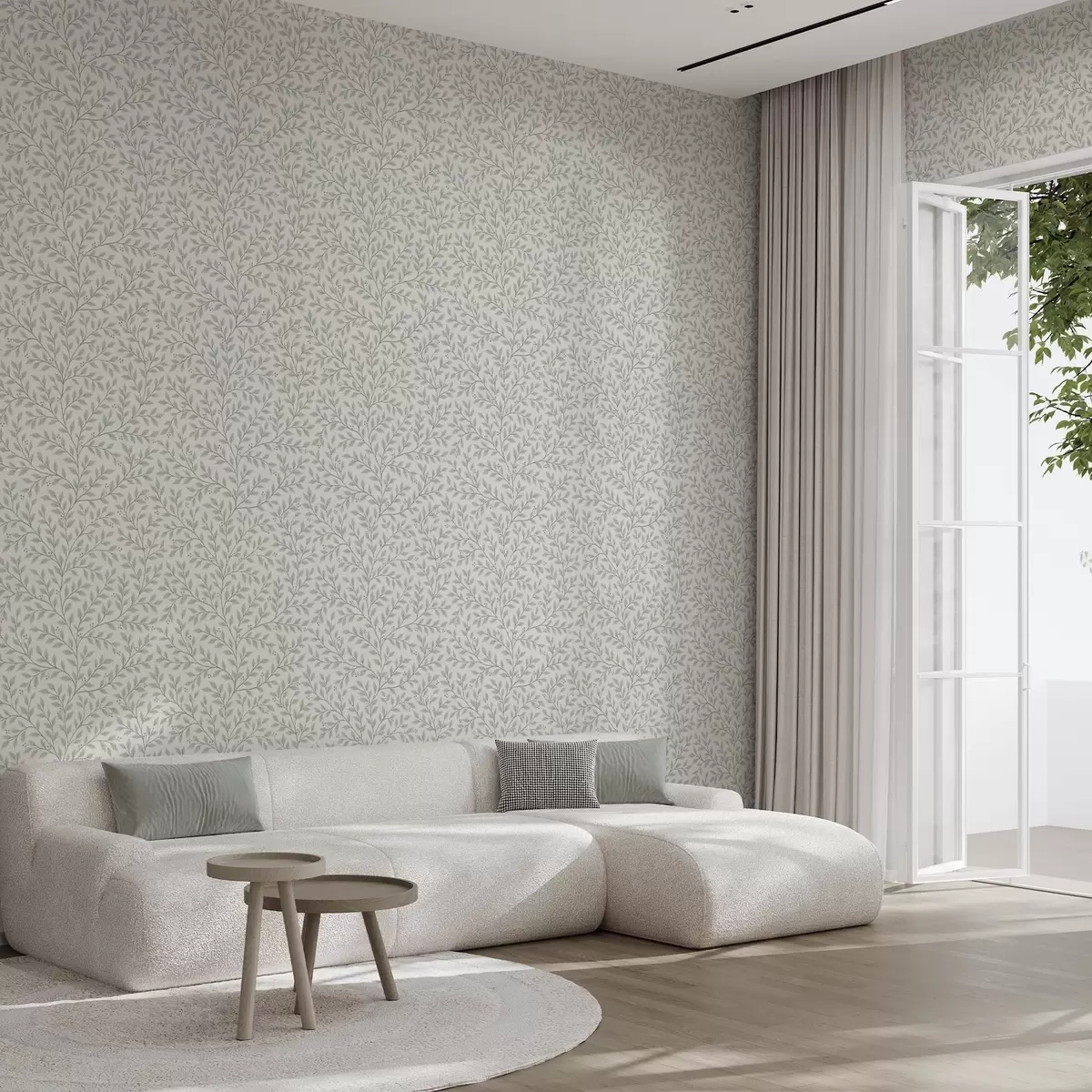 Tapeet Lehed ja marjadega oksad, helekreem ja salvei a00783