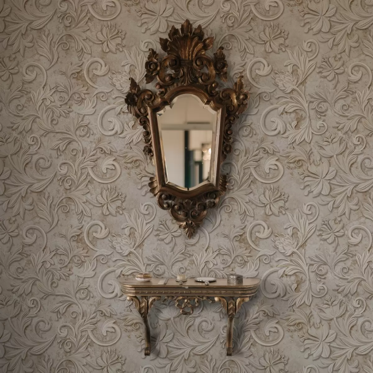 Tapeet Kivireljeef lillede ja lehtedega, vintage beež a00784