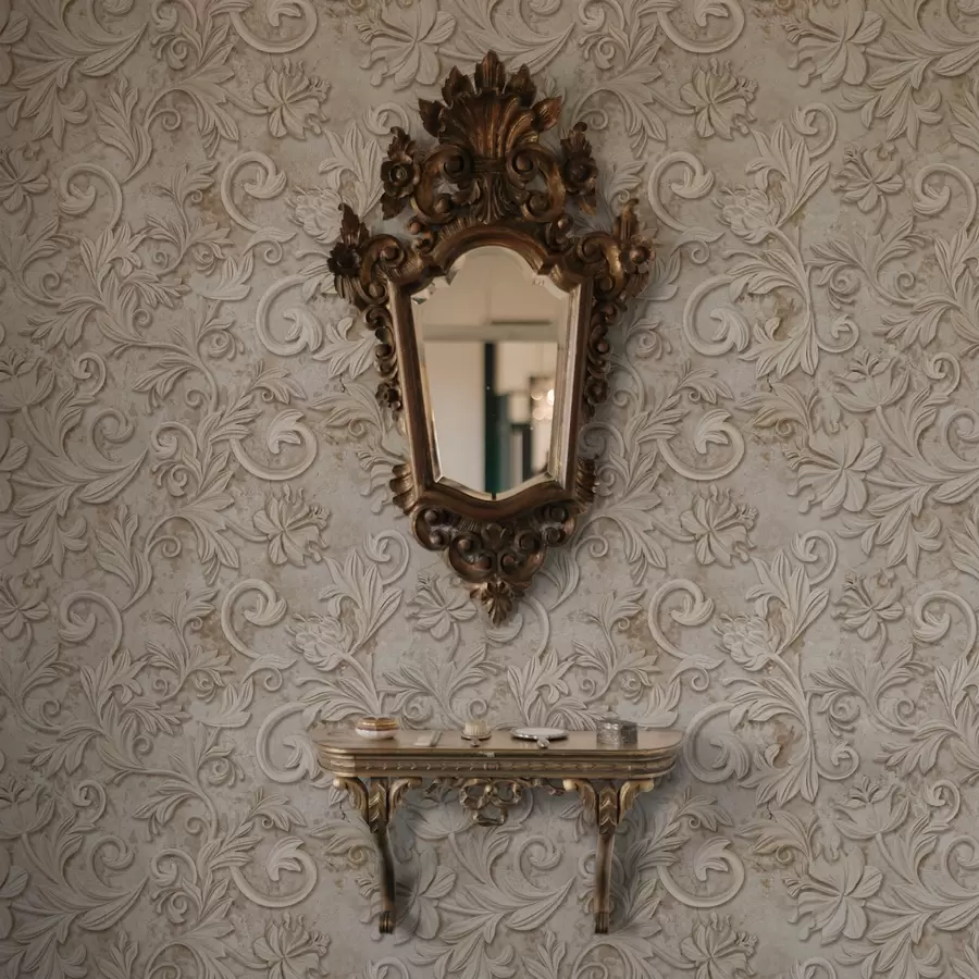 Fototapeedid Kivireljeef lillede ja lehtedega, vintage beež a00784