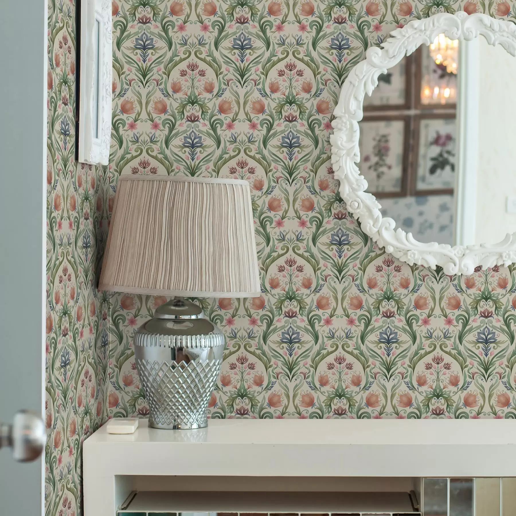 Fototapeedid Sümmeetriline lilleornament, terrakotta ja roheline a00827