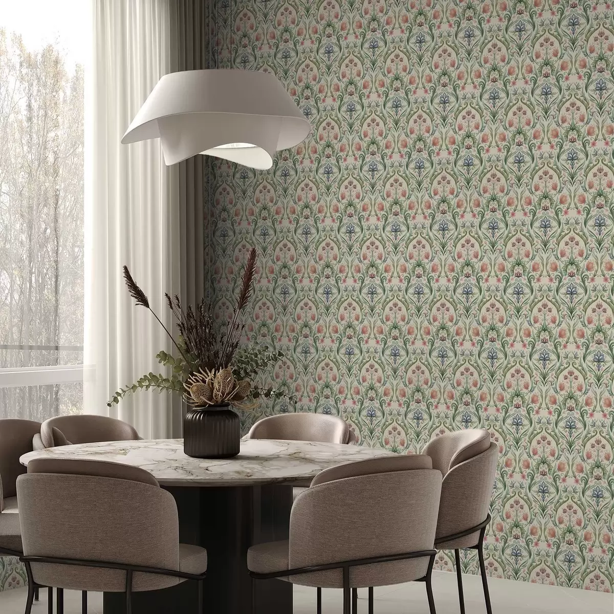 Tapeet Sümmeetriline lilleornament, terrakotta ja roheline a00827