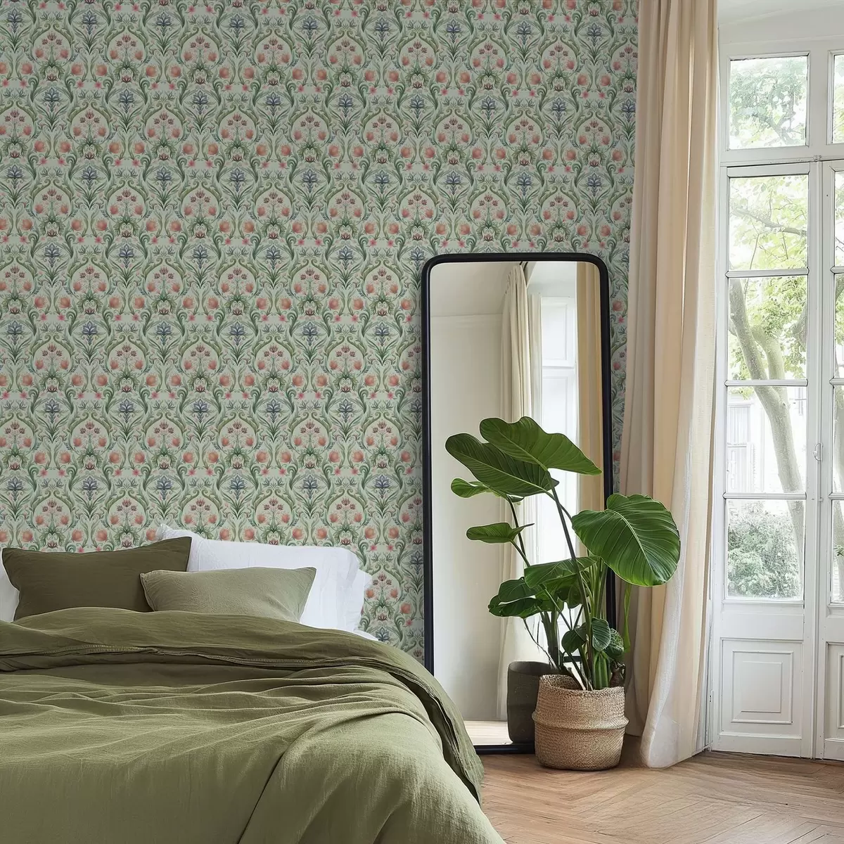 Tapeet Sümmeetriline lilleornament, menta-kreemikas värvipalett a00827v1