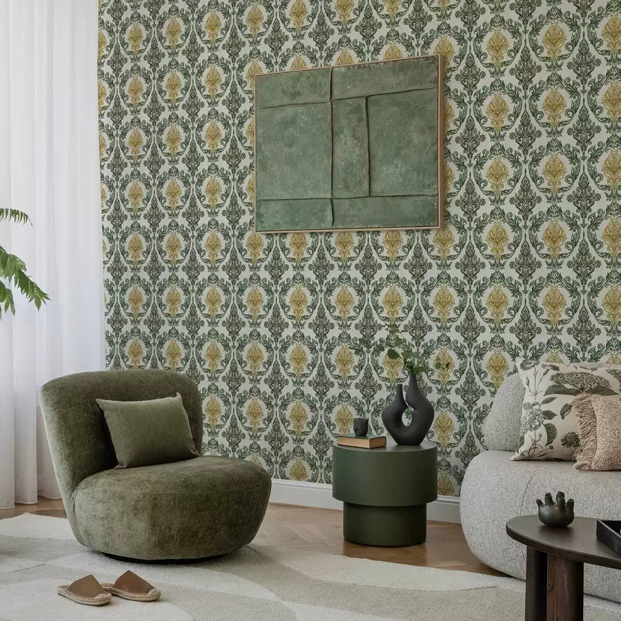 Fototapeedid Damask roheliste rullidega heledal taustal a00828v1