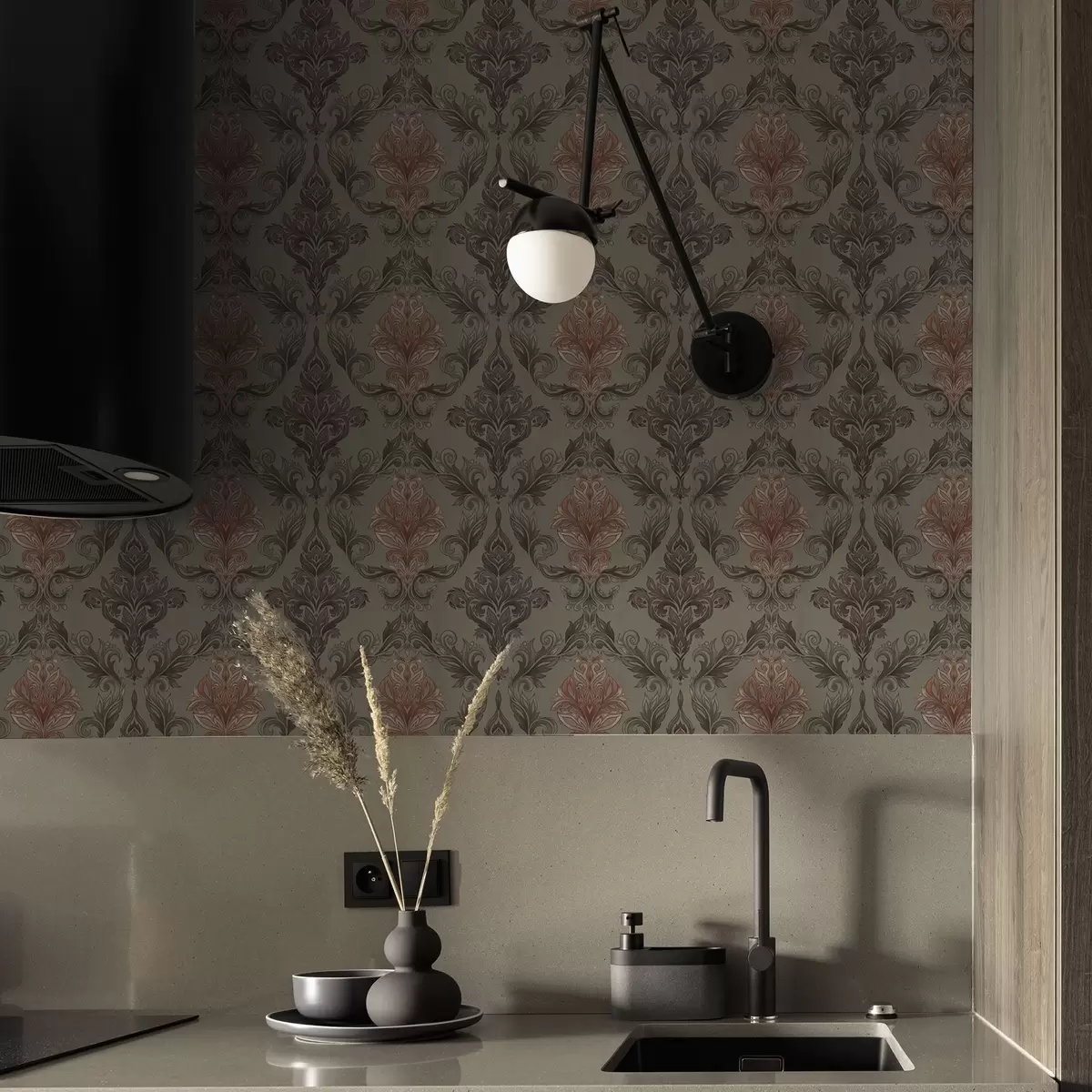 Tapeet Terrakotta damask vaoshoitud oliivirohelisel taustal a00828v3