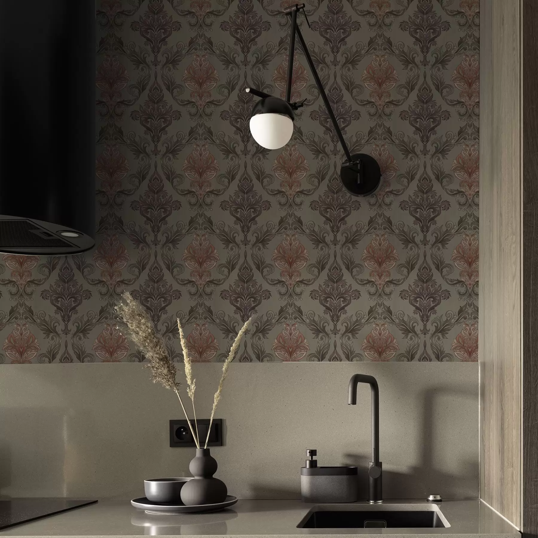 Fototapeedid Terrakotta damask vaoshoitud oliivirohelisel taustal a00828v3