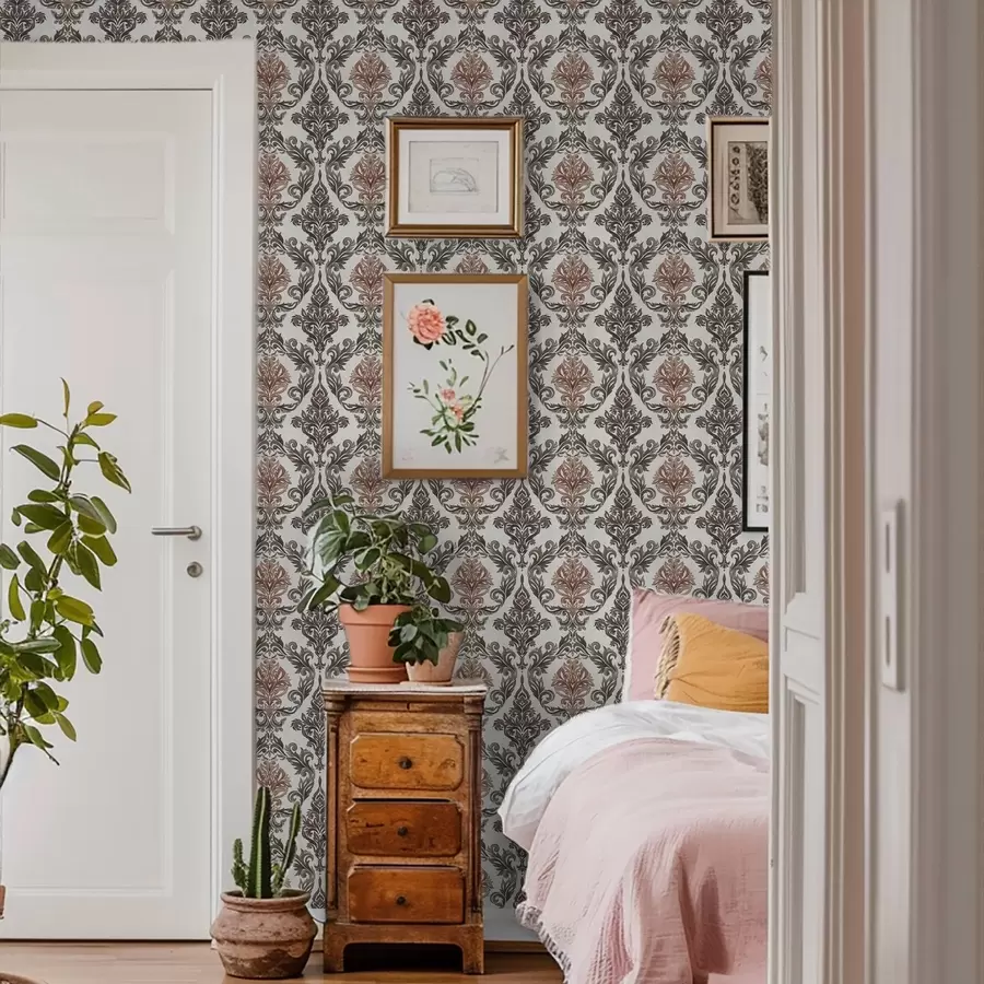 Fototapeedid Damask, millel on vasepruunid aksendid heledal taustal a00828v4