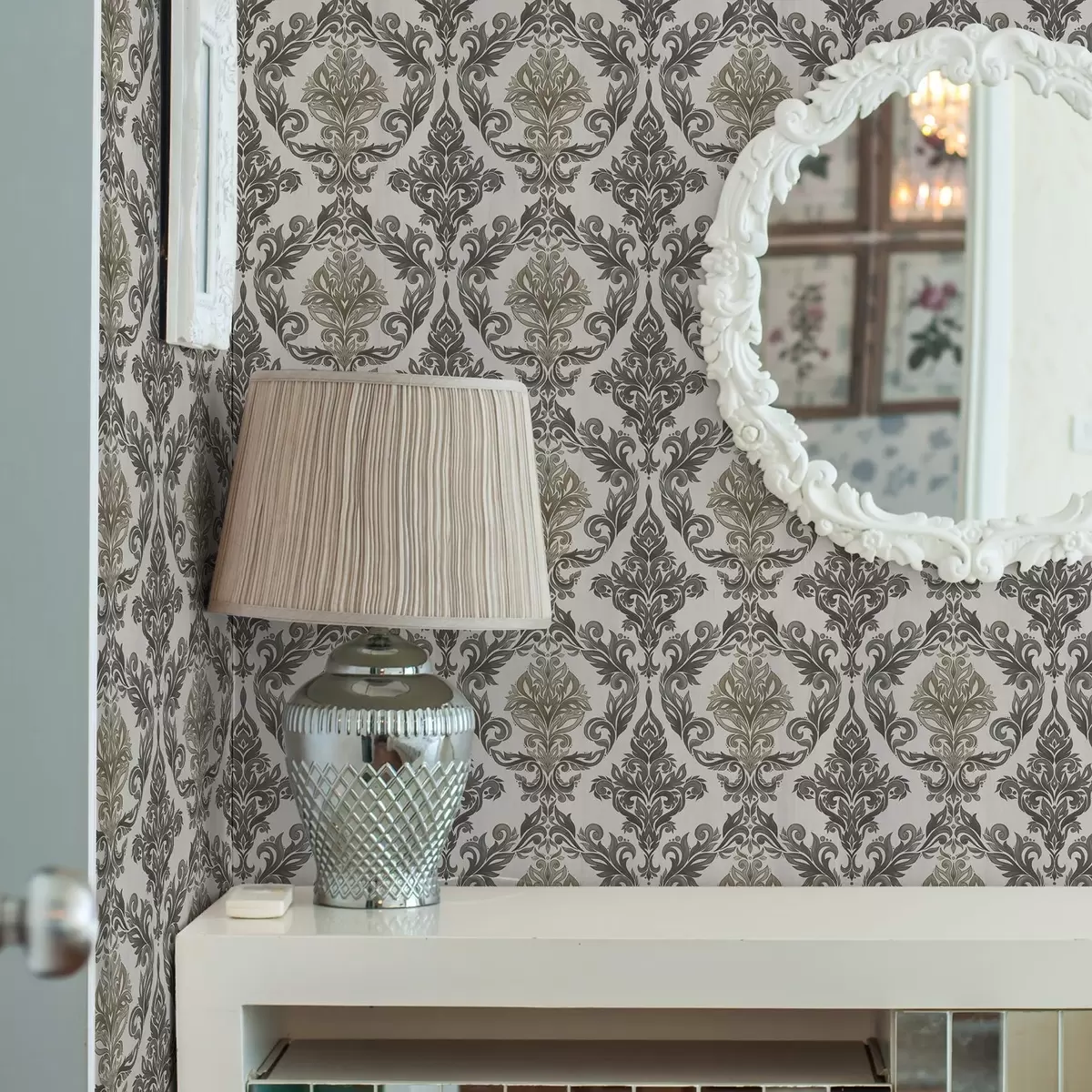 Tapeet Damask hele taustal, oliivrohelise pronksiga aksendid a00828v6