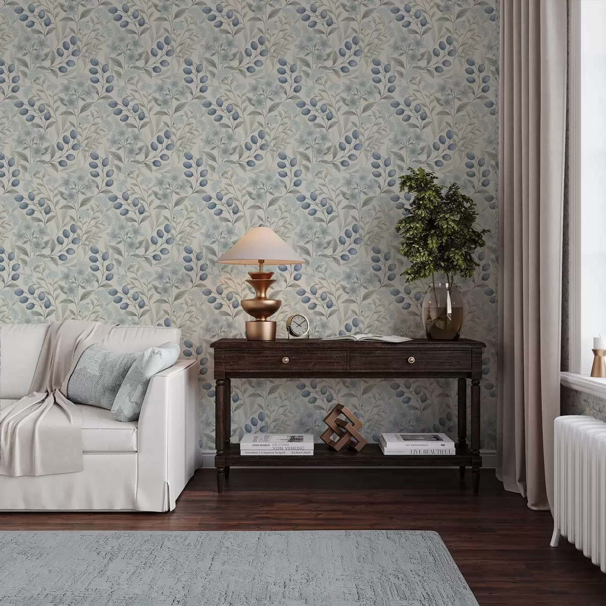 Tapeet Sinised marjad ja heledad lilled elevandiluu värvilisel taustal a00872