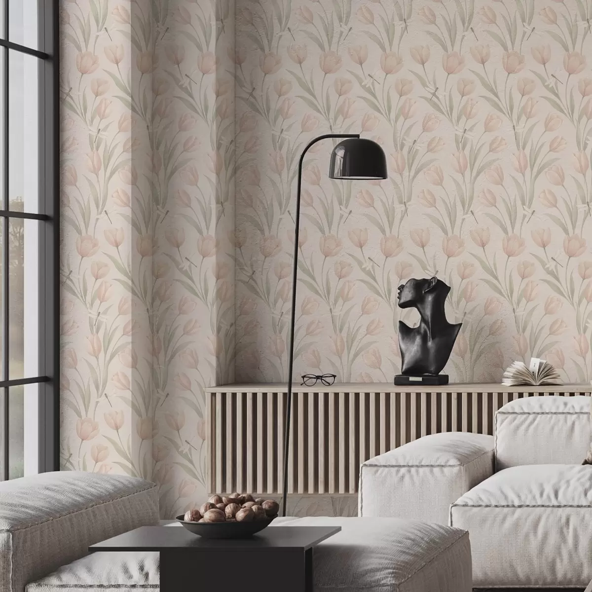 Tapeet Pastelltoonides tulbid koos liblikatega roosadel taustadel a00876