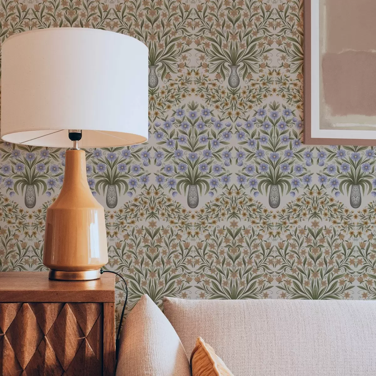 Tapeet Rahvapärased vaasid siniste õitega ja oliivilehtedega roosakaspruunil taustal a00900