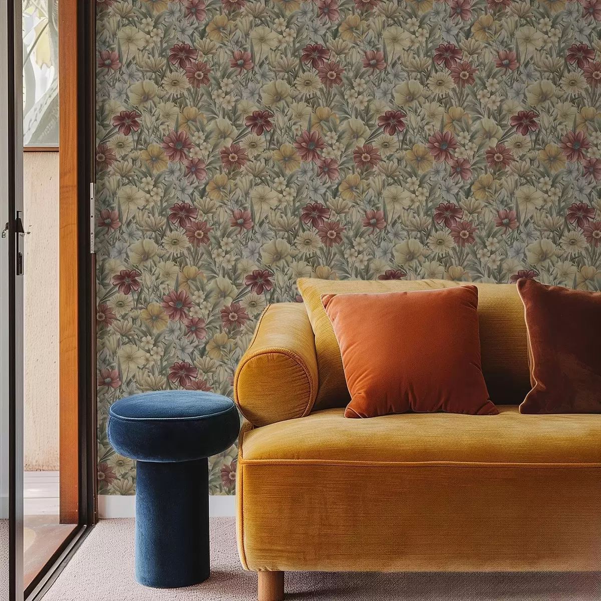 Tapeet Vintage-niit õitseb soojades kollastes, punastes ja salvei toonides a00906