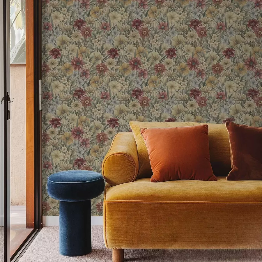 Fototapeedid Vintage-niit õitseb soojades kollastes, punastes ja salvei toonides a00906