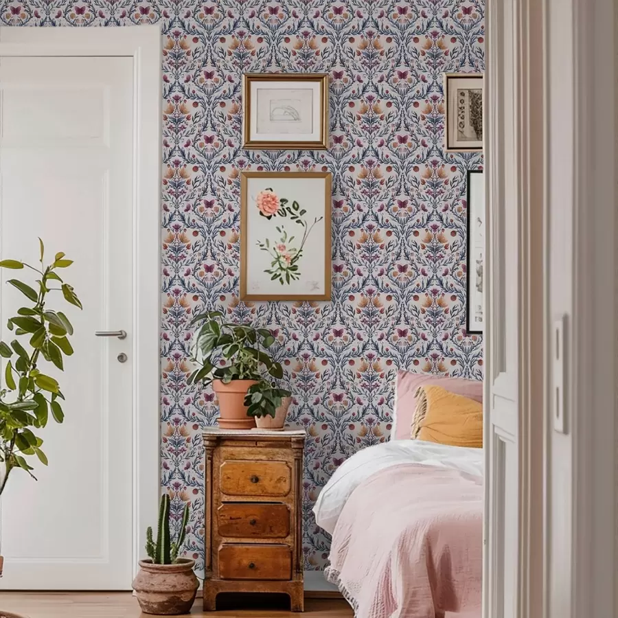 Fototapeedid Lilleline damask mustade ja terrakota värvi liblikatega valgel taustal a00926v1