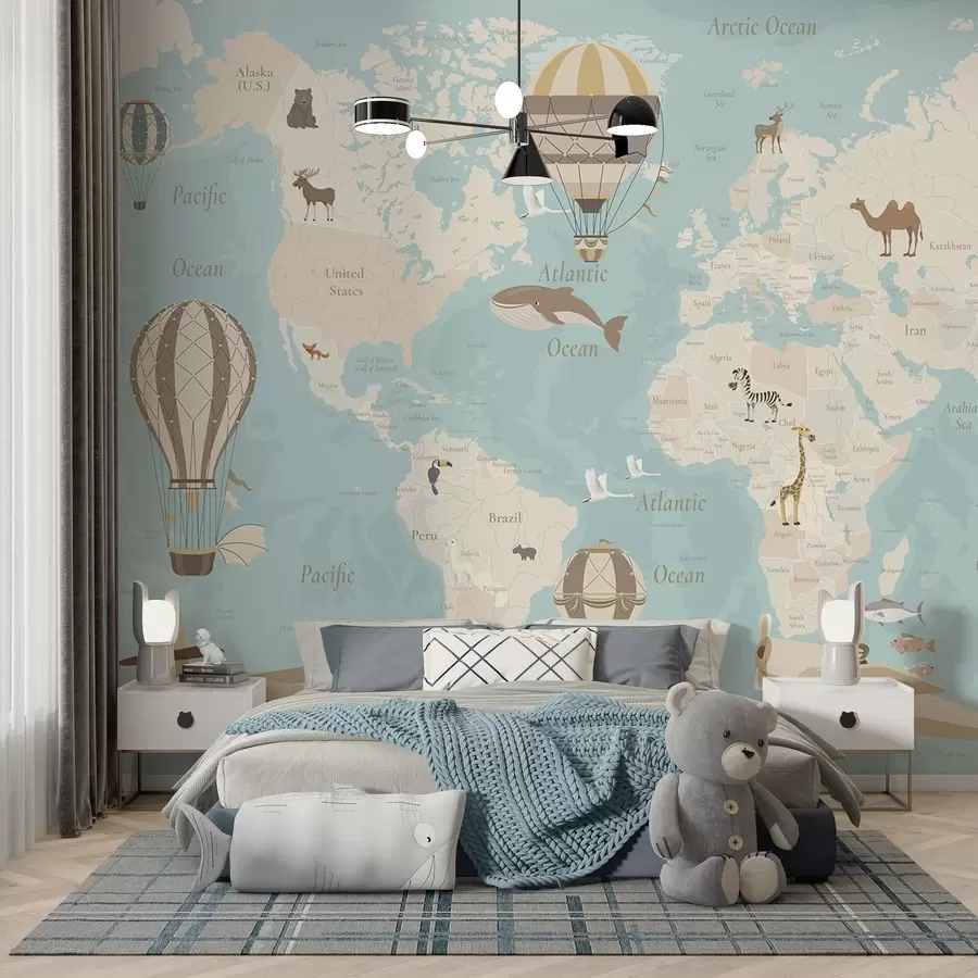 Fototapeedid Laste maailmakaart loomade, lennukite ja kuumaõhupallidega. Inglise keeles. Sinine värv. c00003env1