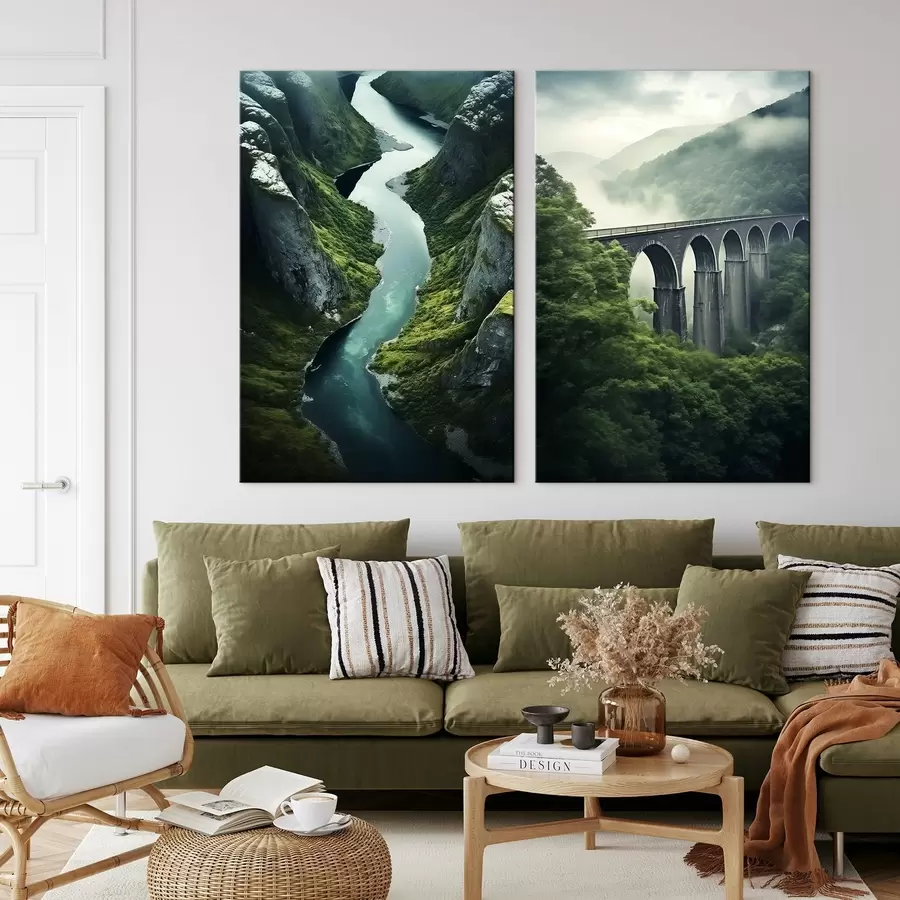 Pilt Õhust vaadatav jõe kanjon ja udune viadukt rohelistel mägedel m00967