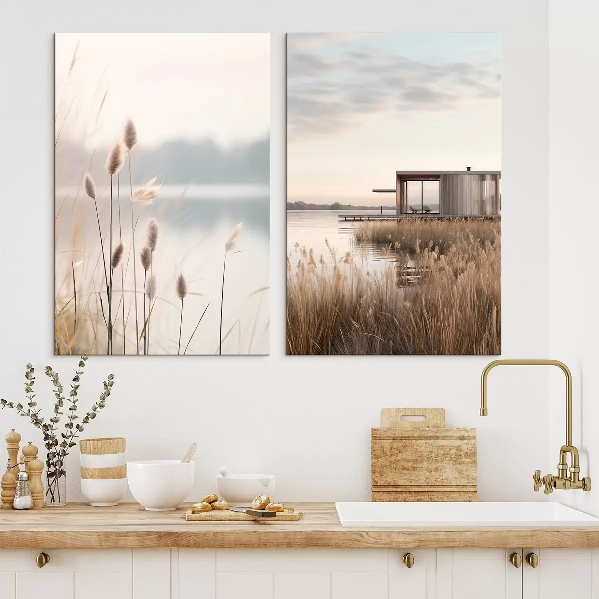 Pilt Pehmed pilliroogud rahuliku järve ääres ja kaasaegne majake kaldal m00970