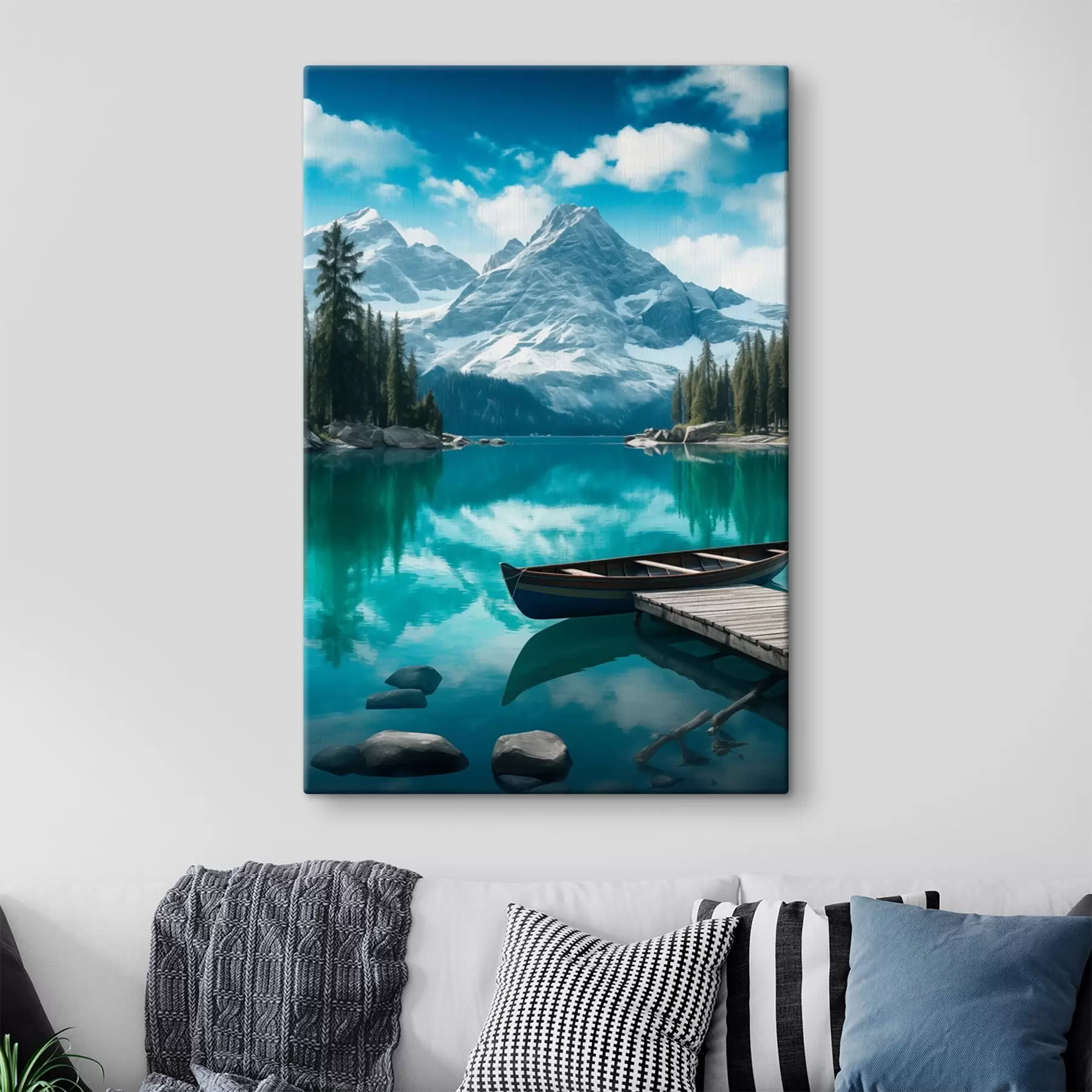 Pilt Alpi järv kanuuga ja lumiste mäetippudega s46481