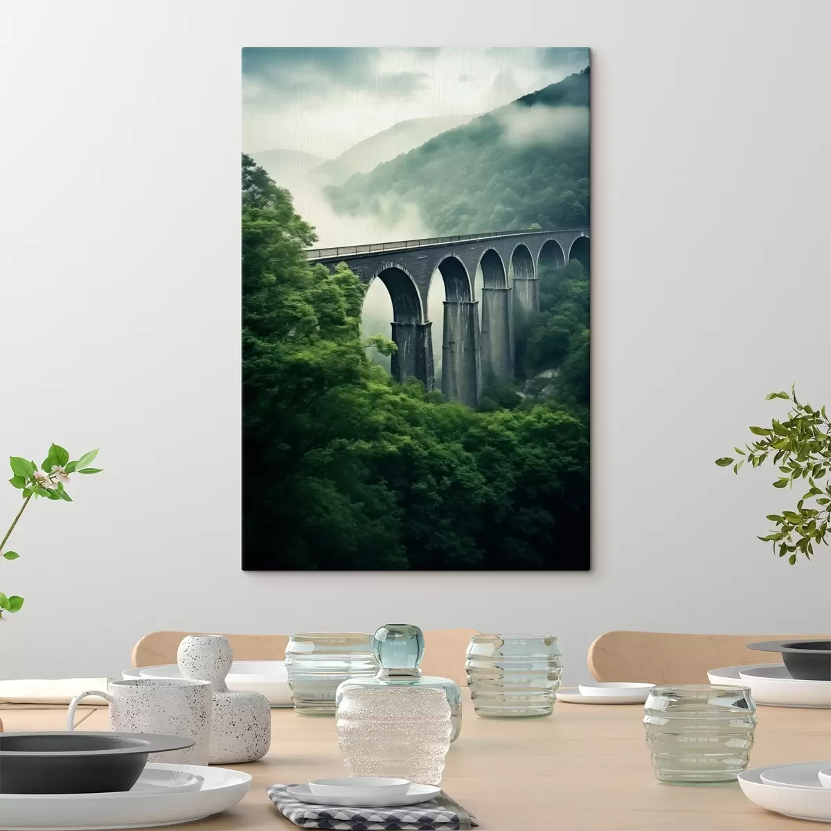 Pilt Kiviviadukt uduse metsaga kaetud oru kohal s46483