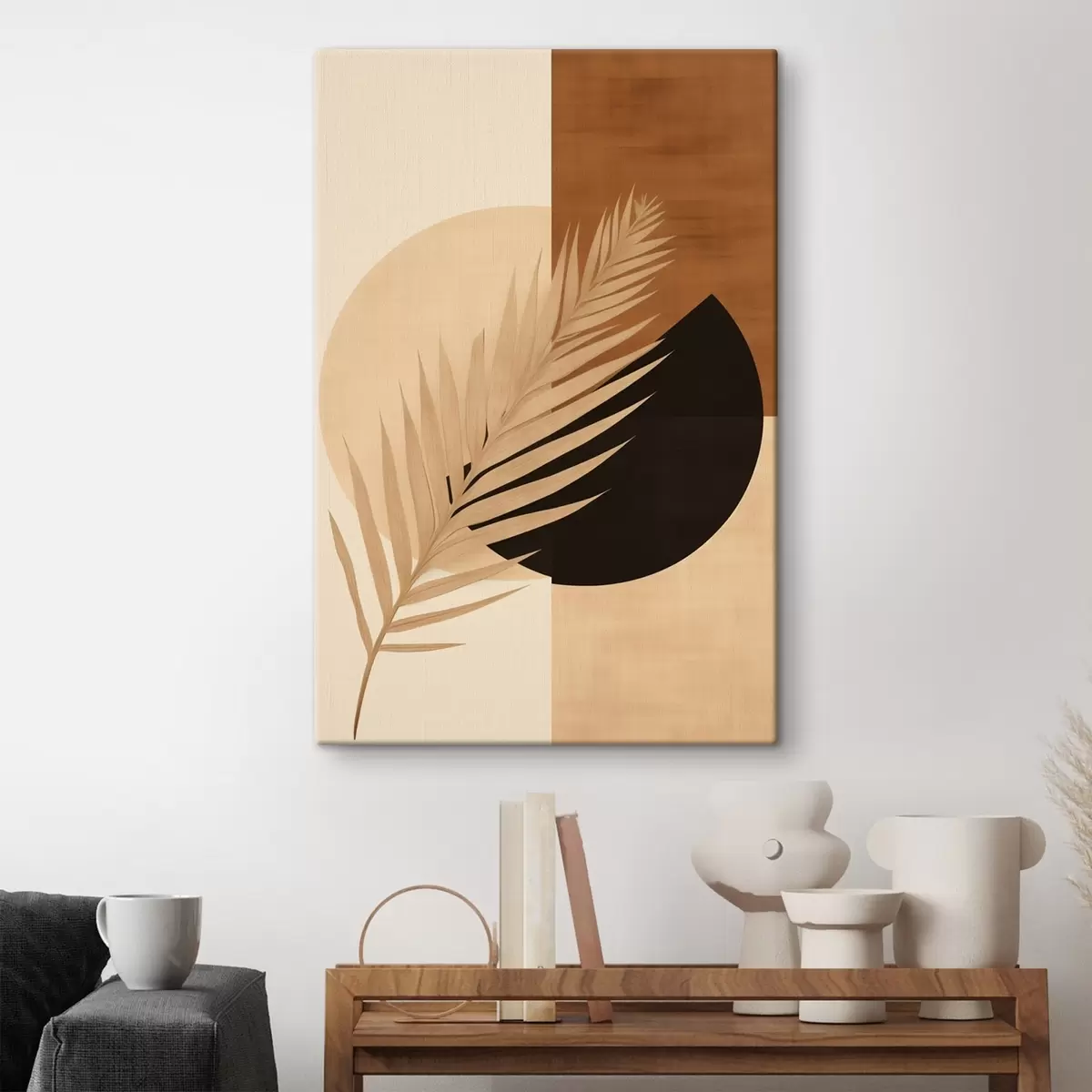 Pilt Palmi leht terrakota ja kreemika geomeetria taustal s46490