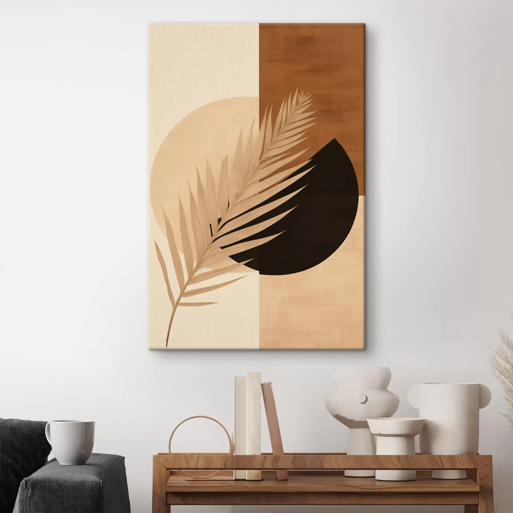 Pilt Palmi leht terrakota ja kreemika geomeetria taustal s46490