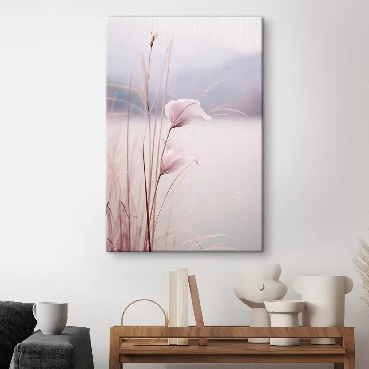 Pilt Õrnad roosad õied rahuliku järve ääres s46503