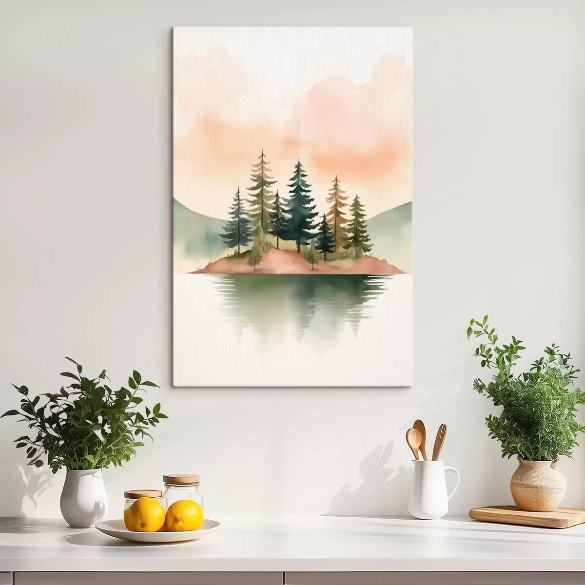 Pilt Vesivärviga maalitud männid udusel saarekesel, õrn virsiku värvi taevas s46505