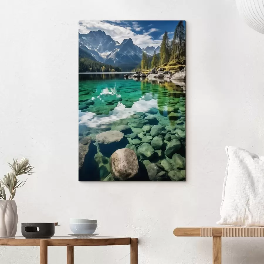 Pilt Smaragdroheline alpijärv, mille põhjas on kivid ja mille ümber kõrguvad mäetipud s46515