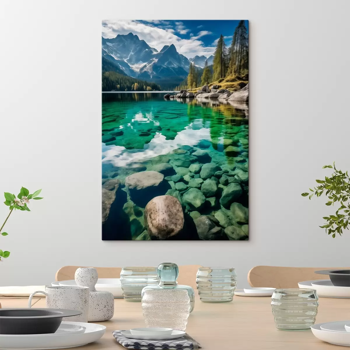 Pilt Smaragdroheline alpijärv, mille põhjas on kivid ja mille ümber kõrguvad mäetipud s46515