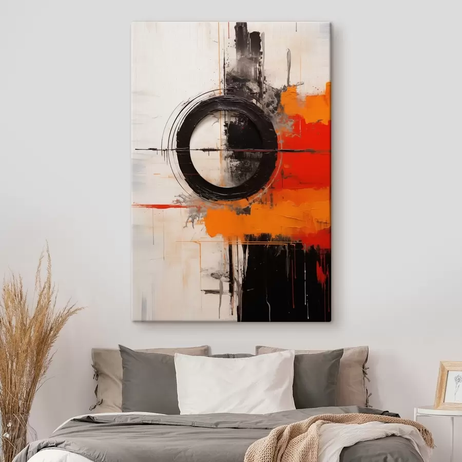 Pilt Must ring valgel taustal, oranžid jooned ja pritsmed s46549