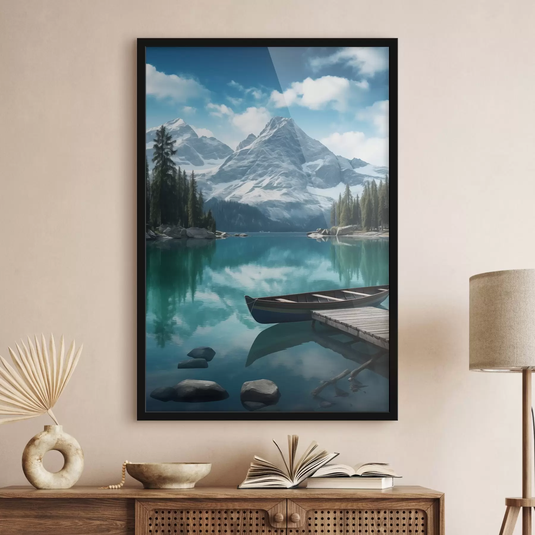 Fototapeedid Alpi järv kanuuga ja lumiste mäetippudega f46481