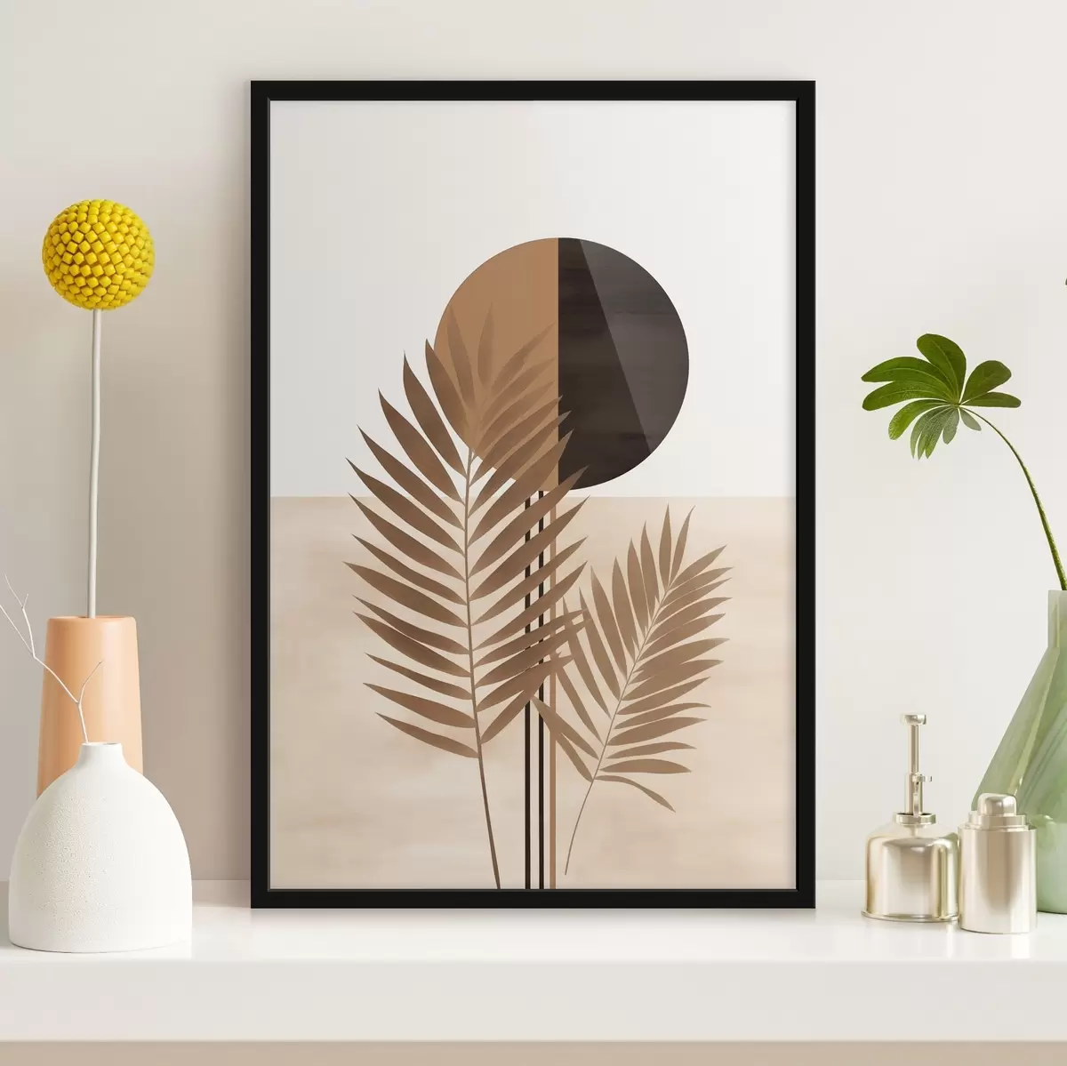 Plakat Kaks palmilehte lõhestatud ringikujulise päikesemotiiviga f46491